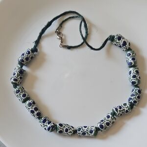 Elegant Green Blue and White African Glass Bead 21" Necklace Handmade